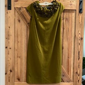 Olive Green Dress with Ruffle Neckline